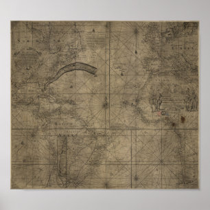 Póster Mapa de la corriente del Golfo y el océano Atlánti