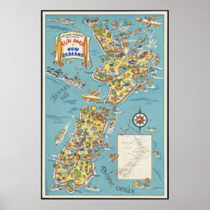 Póster Mapa de la diversión de Nueva Zelanda