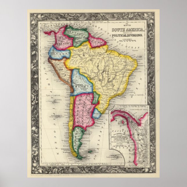 Póster Mapa de la época de América del Sur (1860) (Frente)