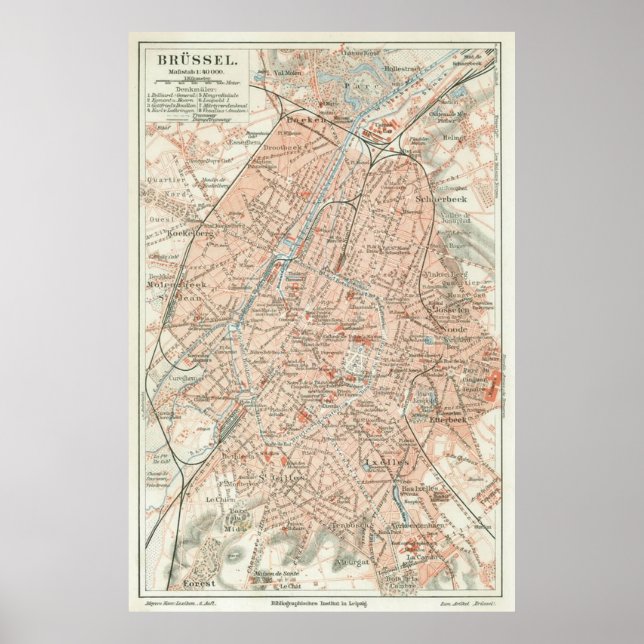 Póster Mapa de la época de Bruselas Bélgica (1907) (Frente)