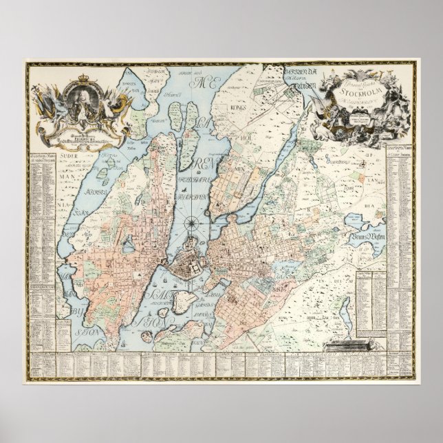 Póster Mapa de la época de Estocolmo (1733) (Frente)
