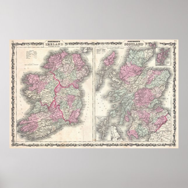 Póster Mapa de la época de Irlanda y Escocia (1862) (Frente)
