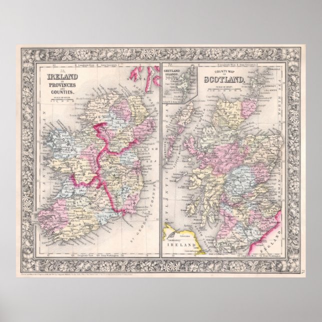 Póster Mapa de la época de Irlanda y Escocia (1864) (Frente)