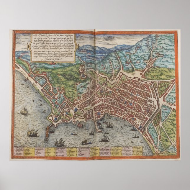 Póster Mapa de la época de Nápoles Italia (1572) (Frente)