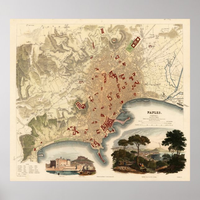 Póster Mapa de la época de Nápoles Italia (1835) (Frente)