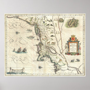 Póster Mapa de la época de Nueva Inglaterra (1635)