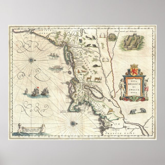 Póster Mapa de la época de Nueva Inglaterra (1635) (Frente)