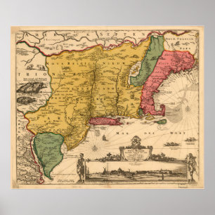 Póster Mapa de la época de Nueva Inglaterra (1685)