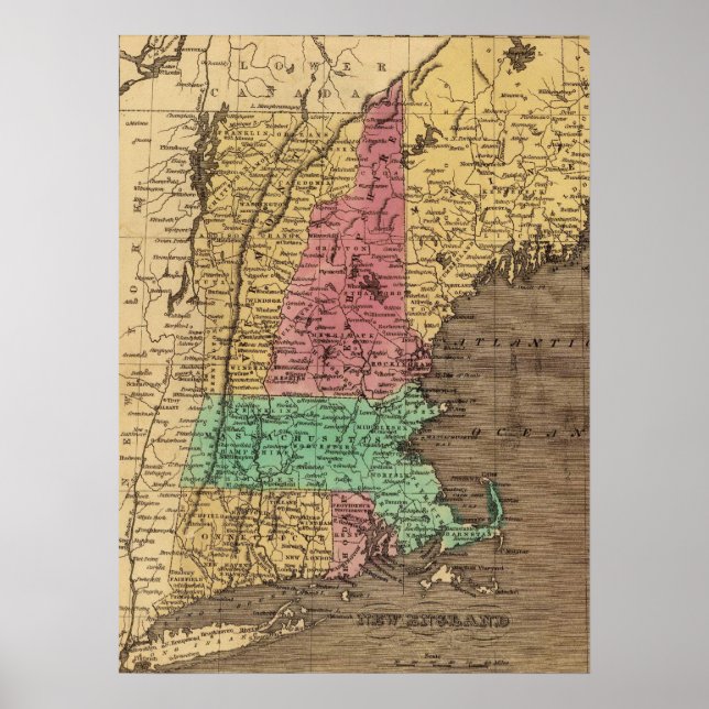 Póster Mapa de la época de Nueva Inglaterra (1836) (Frente)