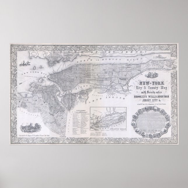 Póster Mapa de la época de Nueva York (1855) (Frente)