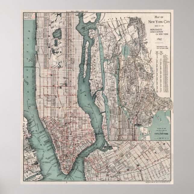 Póster Mapa de la época de Nueva York (1897) (Frente)