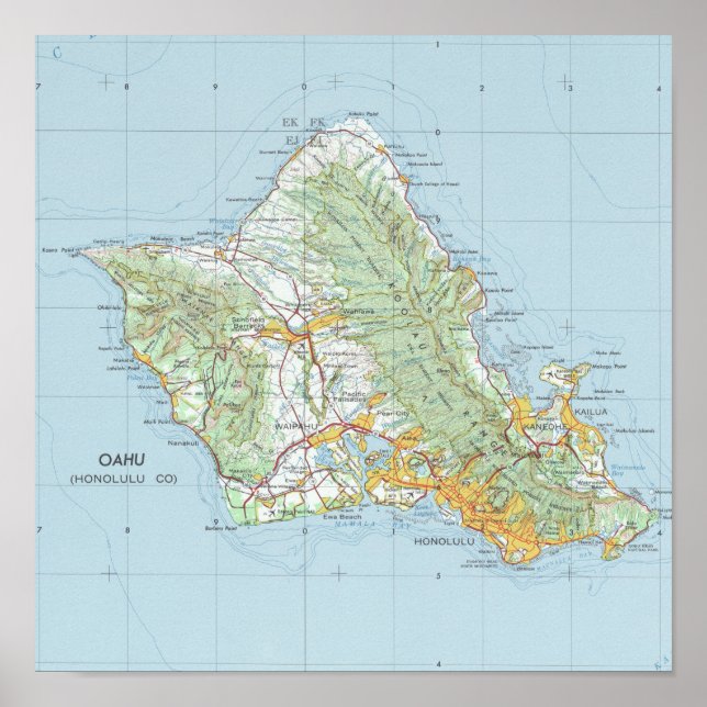Póster Mapa de la época de Oahu (Frente)