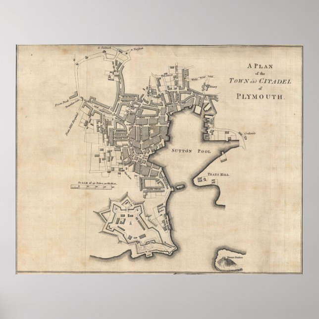 Póster Mapa de la época de Plymouth England (1765) (Frente)