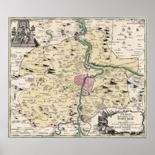 Póster Mapa de la época de Praga y sus alrededores (1740) (Frente)