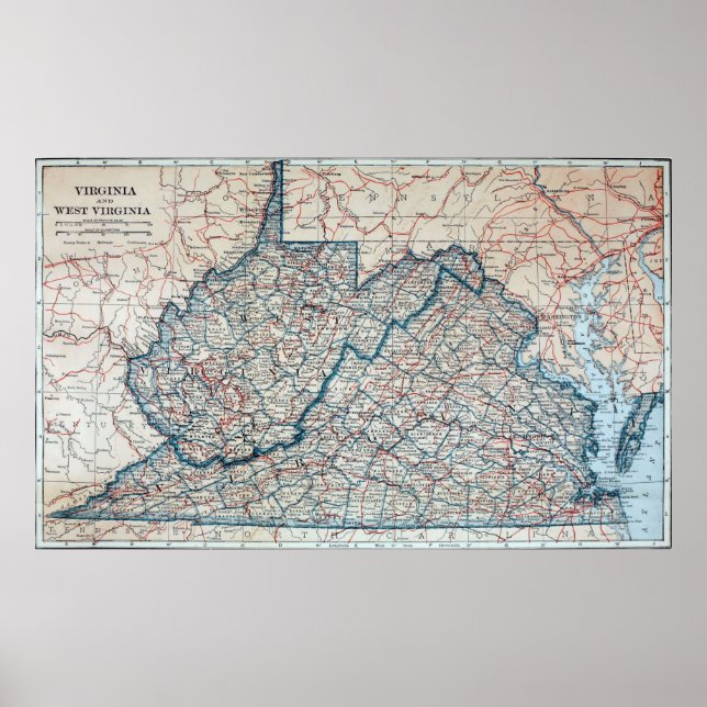 Póster Mapa de la época de Virginia y Virginia Occidental (Frente)