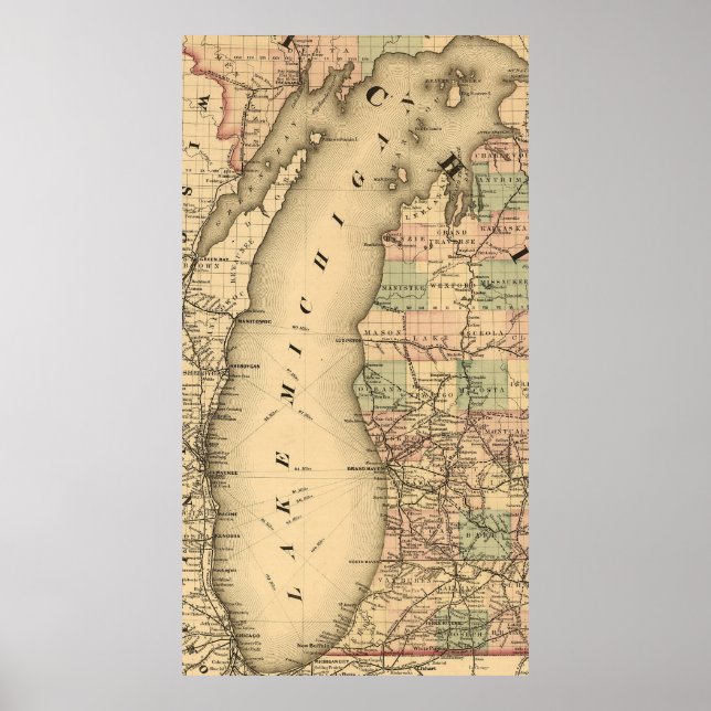 Póster Mapa de la época del lago Michigan (1876) (Frente)