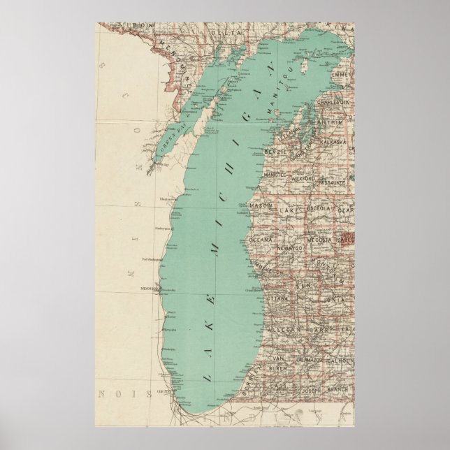 Póster Mapa de la época del lago Michigan (1888) (Frente)