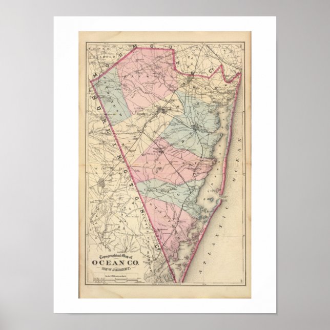 Póster Mapa de la época REPRO de 1872 Ocean County NJ (Frente)