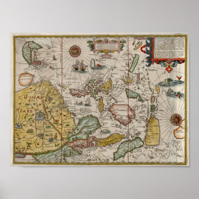 Póster Mapa de la era renacentista de Asia de 1596 (Frente)