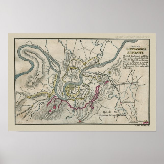 Póster Mapa de la guerra civil de Chattanooga y sus cerca (Frente)