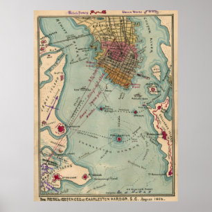 Póster Mapa de la Guerra Civil de la Antigua Charleston S