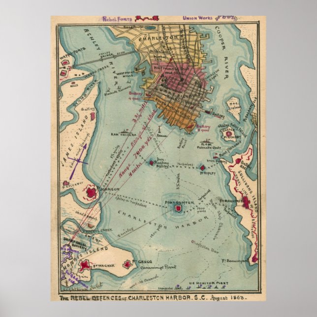 Póster Mapa de la Guerra Civil de la Antigua Charleston S (Frente)