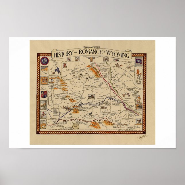 Póster Mapa de la historia y el romance de Wyoming (Frente)