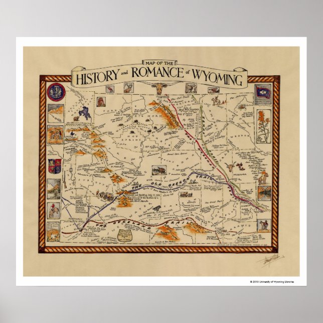 Póster Mapa de la historia y el romance de Wyoming (Frente)
