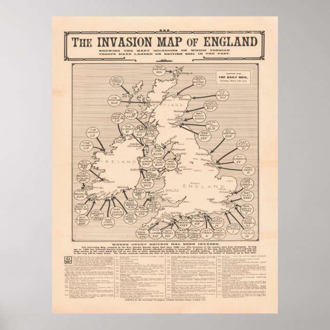 Póster Mapa de la invasión de las antiguas Islas Británic (Frente)