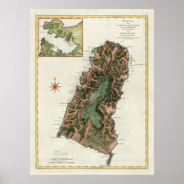 Póster Mapa de la Isla de Santa Lucía (1794) (Frente)