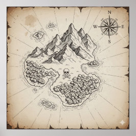 Póster Mapa de la Isla del Tesoro Antiguo
