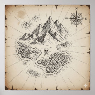 Póster Mapa de la Isla del Tesoro Antiguo