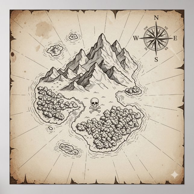 Póster Mapa de la Isla del Tesoro Antiguo (Frente)
