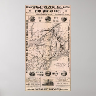 Póster Mapa de la línea aérea de Montreal y Boston