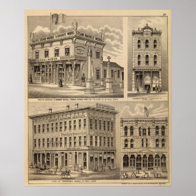 Póster Mapa de la litografía de St. Paul, Minneapolis, Mi (Frente)