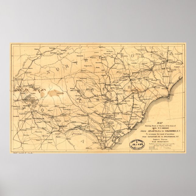 Póster Mapa de la Marcha de Sherman de la Guerra Civil en (Frente)
