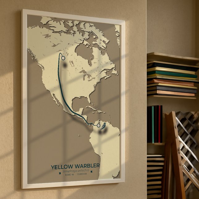 Póster Mapa de la migración de los bárbaros amarillos - M (Yellow Warbler A3 Mockup)