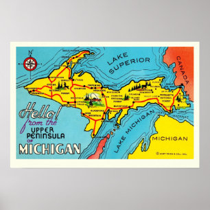 Póster Mapa de la península de Michigan 16x24