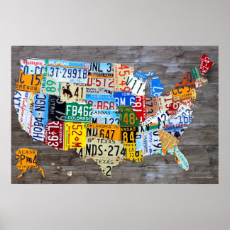 Póster Mapa de la placa de la licencia de EE.UU. en Grey