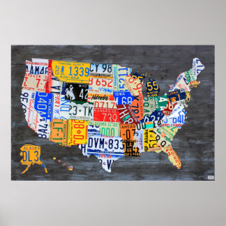 Póster Mapa de la placa de la licencia de EE.UU. en planc