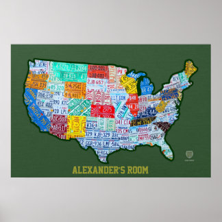 Póster Mapa de la placa de la licencia de los EE.UU. sobr