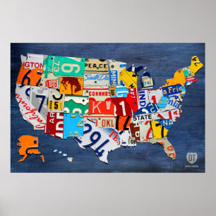 Póster Mapa de la placa de los Estados Unidos en azul
