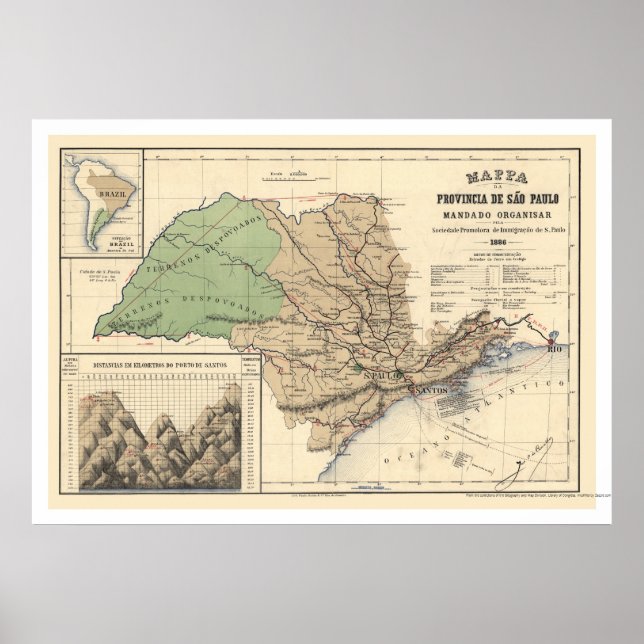 Póster Mapa de la Provincia de Sao Paulo Brasil 1886 (Frente)