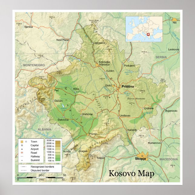 Póster Mapa de la provincia serbia yugoslava de Kosovo (Frente)