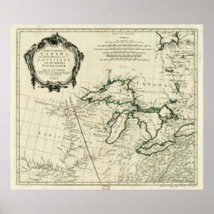 Póster Mapa de la región de los Grandes Lagos, América de
