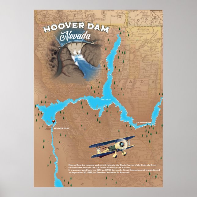 Póster Mapa de la represa Hoover Nevada (Frente)