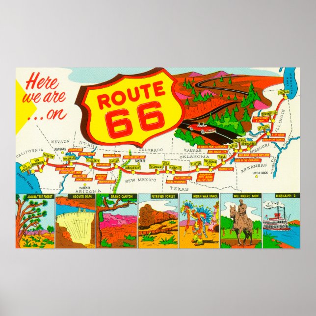 Póster Mapa de la Ruta 66 de Los Ángeles a Chicago (Frente)