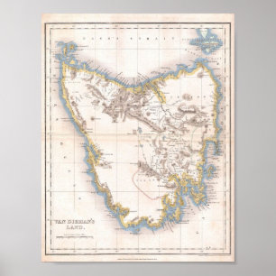 Póster Mapa de la tierra de Van Dieman o Tasmania
