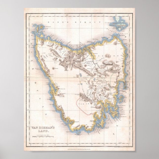 Póster Mapa de la tierra de Van Dieman o Tasmania (Frente)