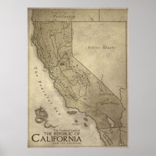 Póster Mapa de la tierra mítica de California